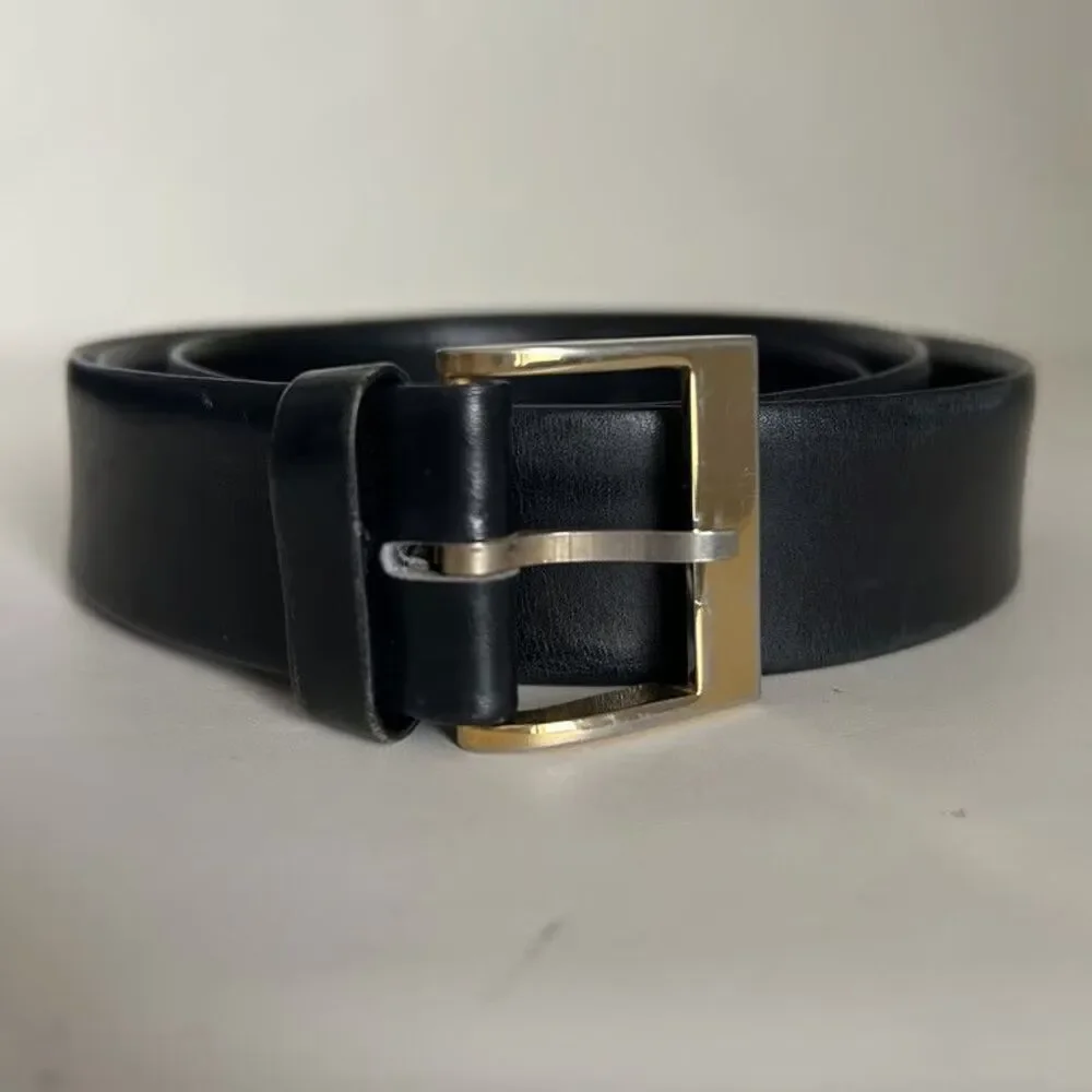 French Calf Leather Dress Belt Black GoldTone Buckle Size 38